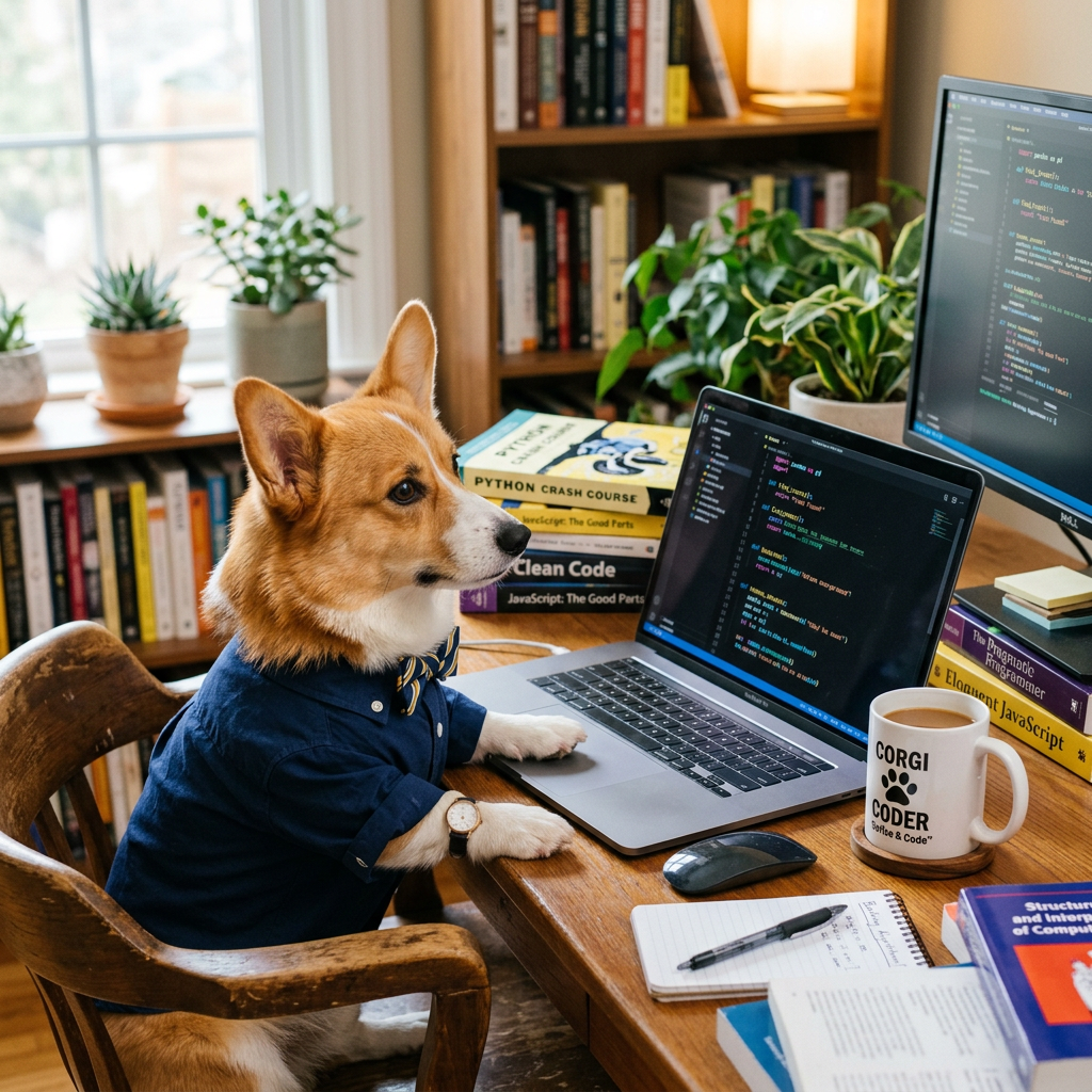 Illustration of the Orbix mascot — a dog working at a laptop with code on screen