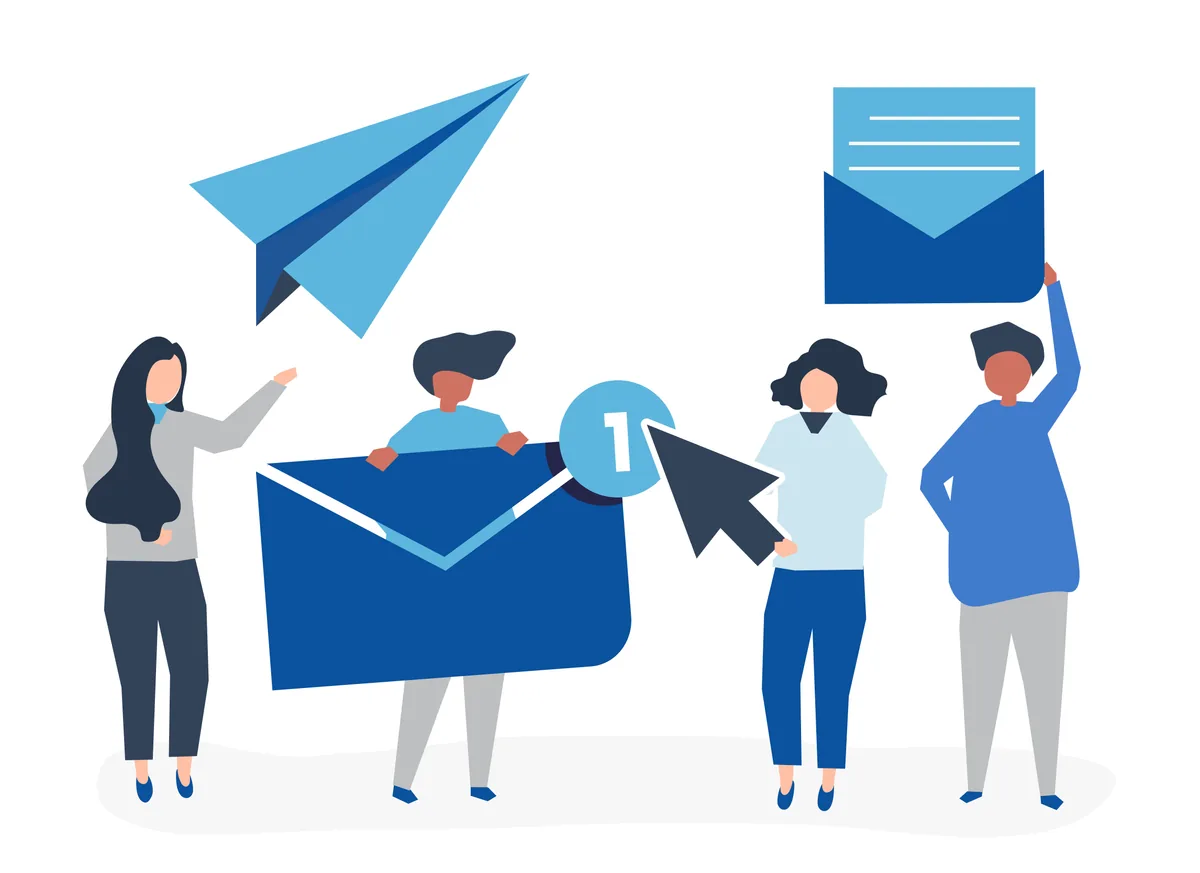 Illustration of professional business email and inbox management at a desk with laptop.