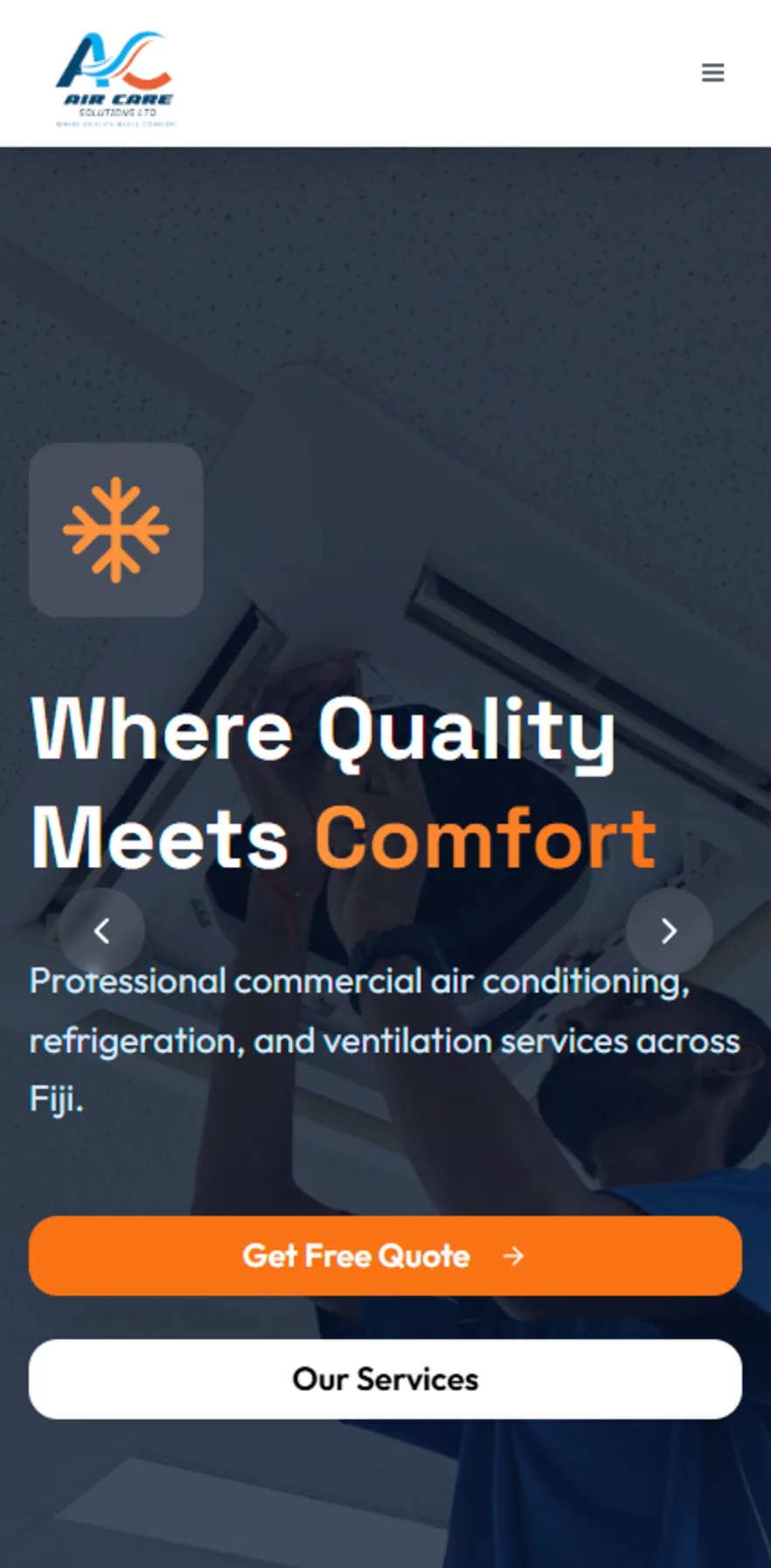 Air Care Solutions Fiji commercial HVAC website mobile screenshot